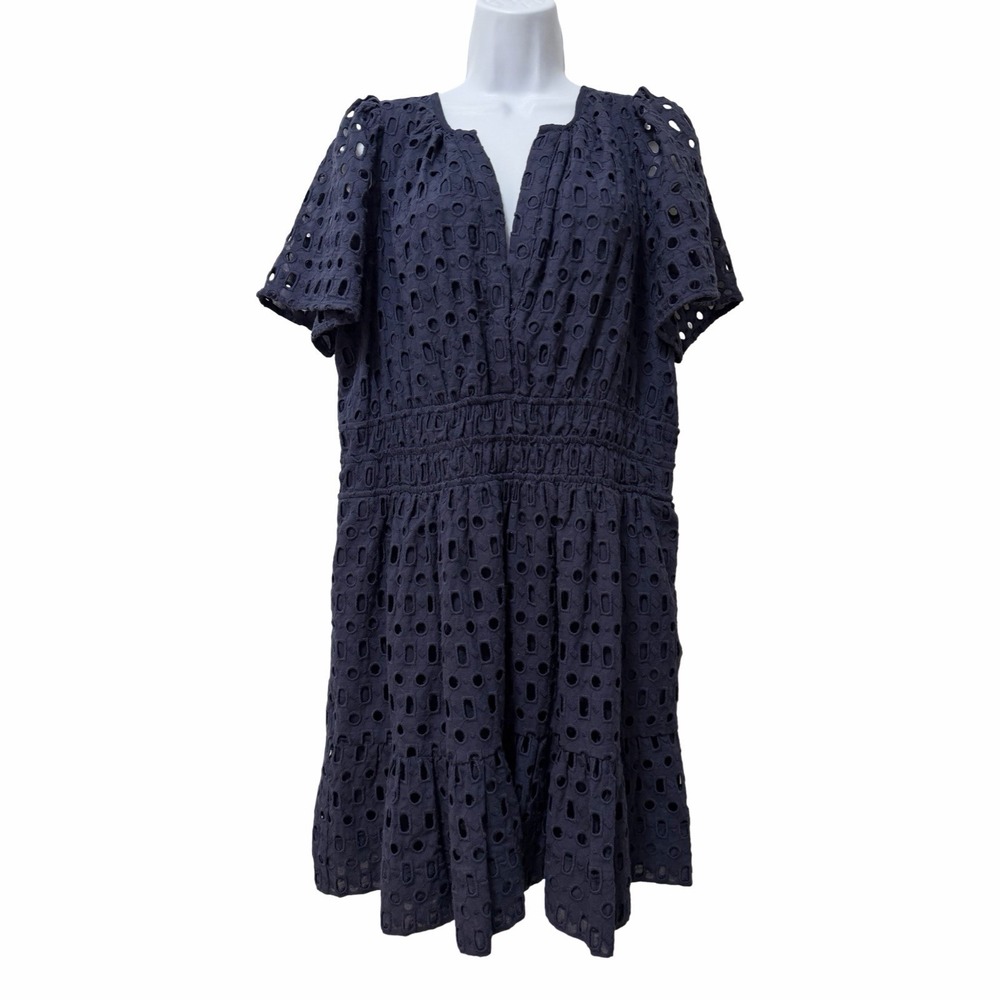 Anthropologie Somerset Eyelet Smocked Waist Mini Dress Size L Navy Blue Cottage
